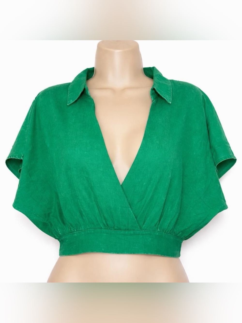 NWOT ~ Zenana Women’s Green Linen Oversized Short Sleeve Crop Top Size M